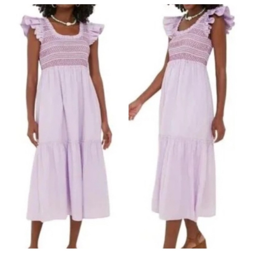 MILLE Olympia Smocked Midi Dress In Taffy Double Gauze Lavender 45165